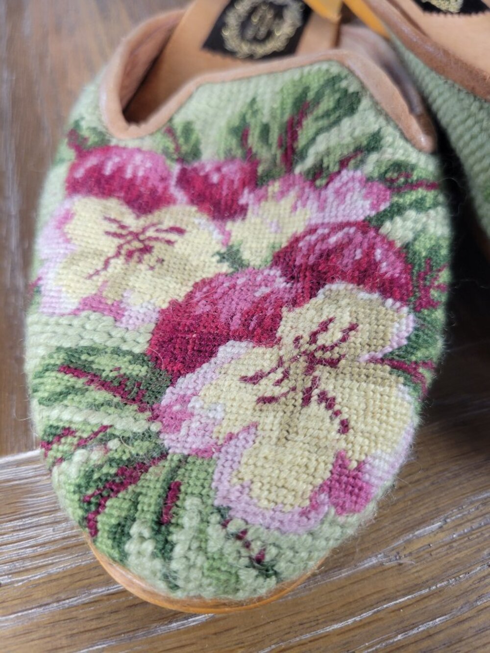 The Lawrence Collection Floral Needlepoint Belgian Style Leather Slipper Loafers - Picture 2 of 10